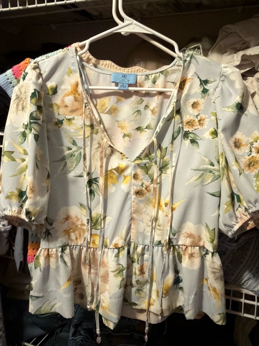 CeCe Cream Floral Peplum Tie-Front Blouse with Yellow & Green Print